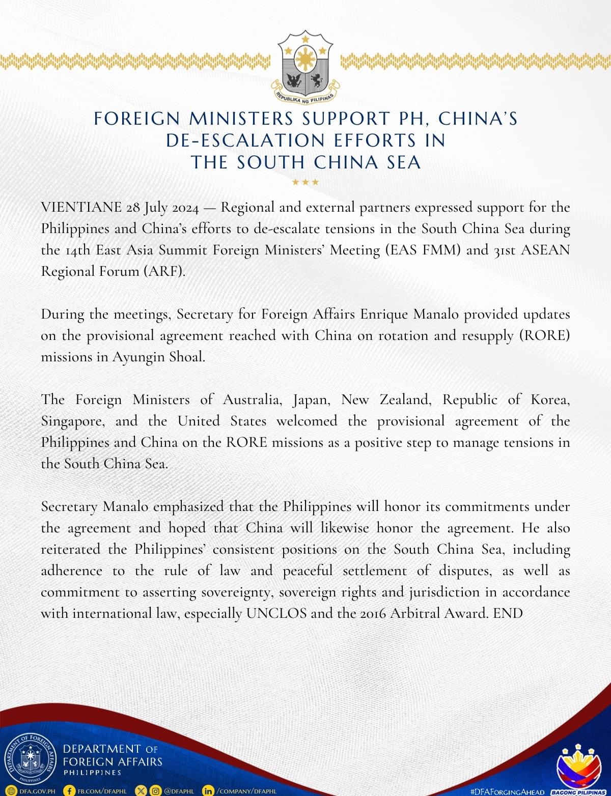 DFA Response to China MFA 2