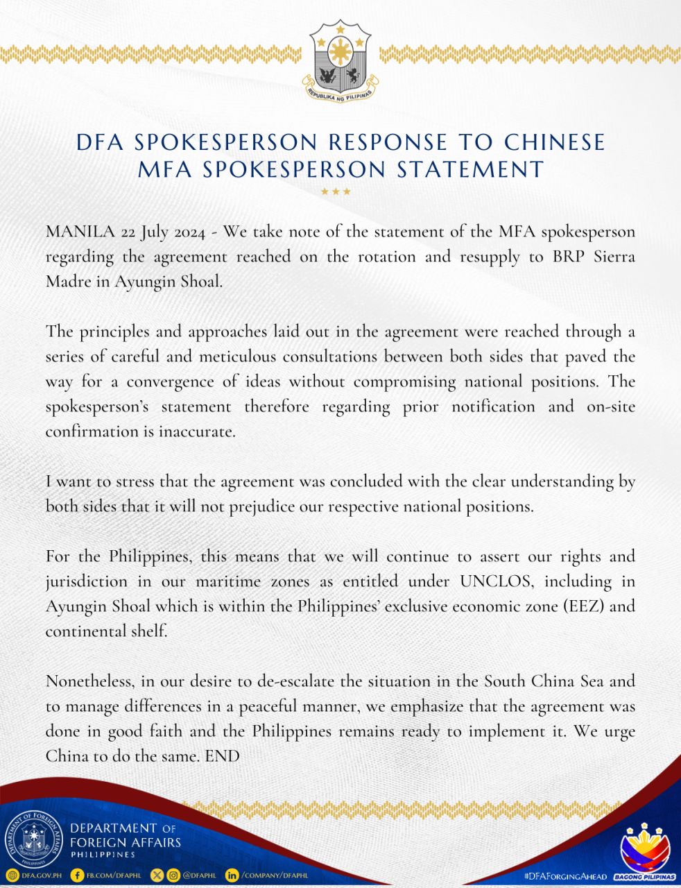 DFA Response to Chinese MFA